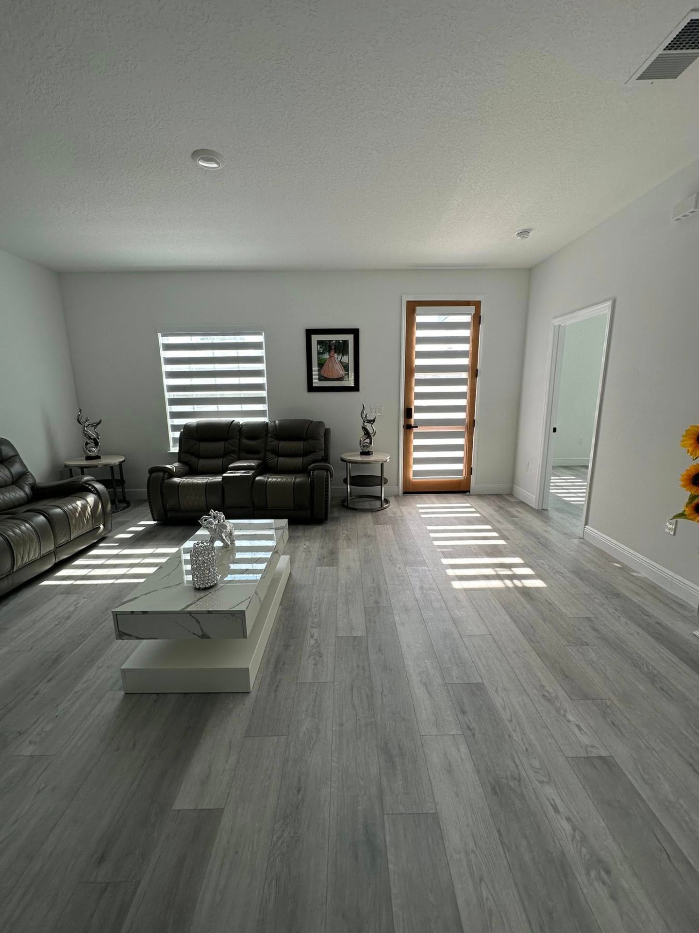 Custom zebra blinds in Florida living room with hardwood floors