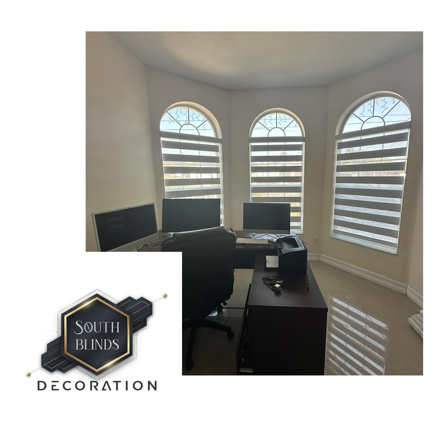 Arched zebra blinds in Florida home office with bay windows