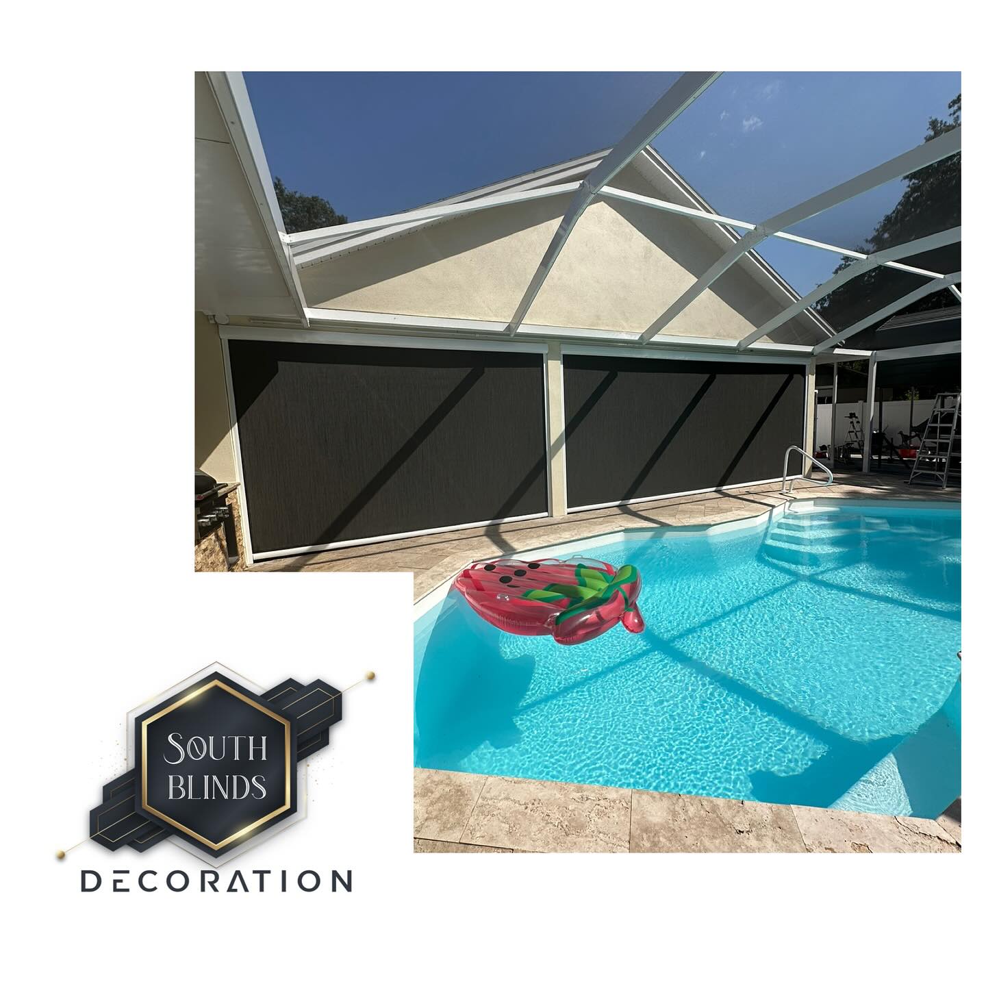 Outdoor motorized patio shades installed at Florida pool enclosure