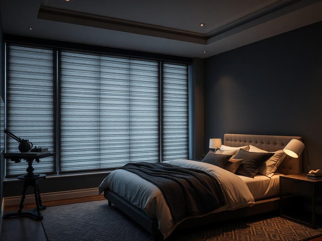 Blackout shades fully closed in a master bedroom