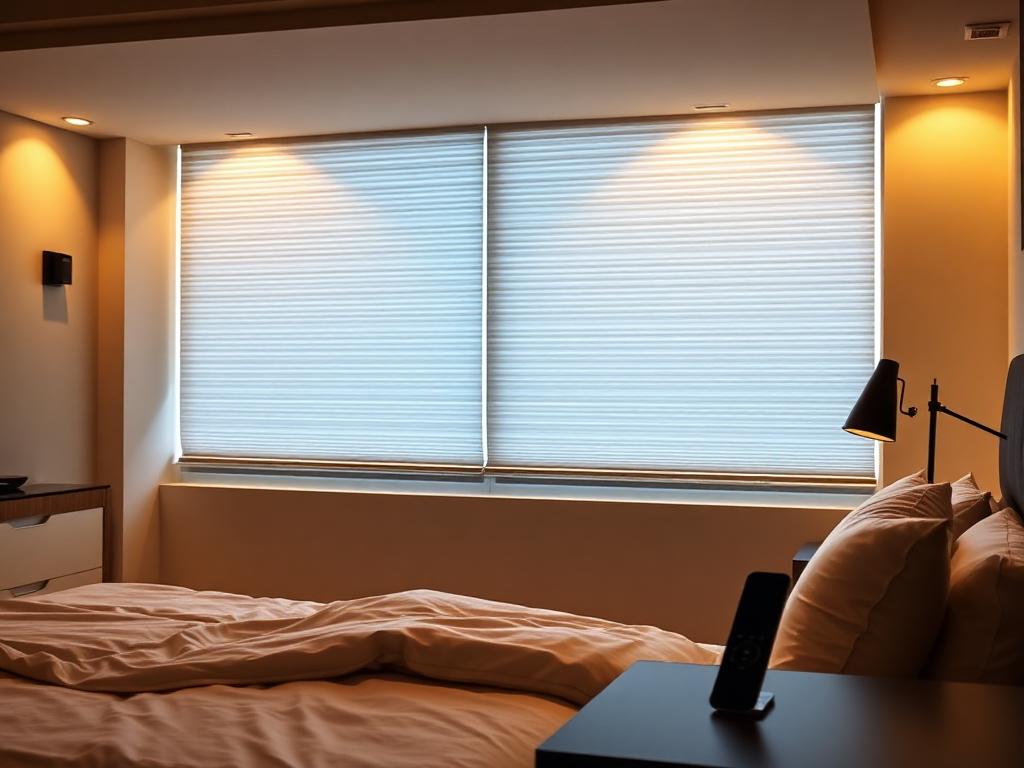 Motorized blinds in luxury bedroom