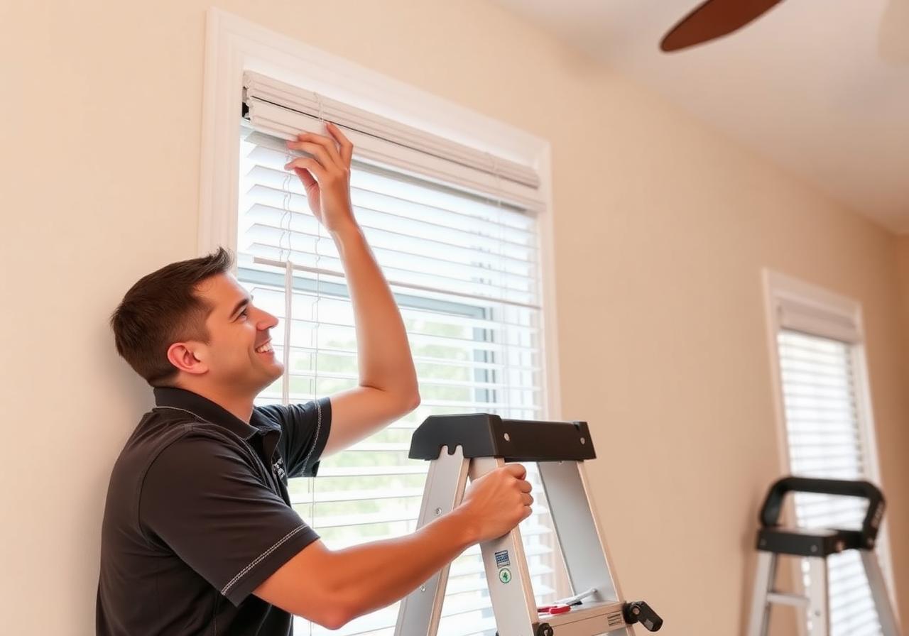 Professional installer mounting blinds in a Tampa home