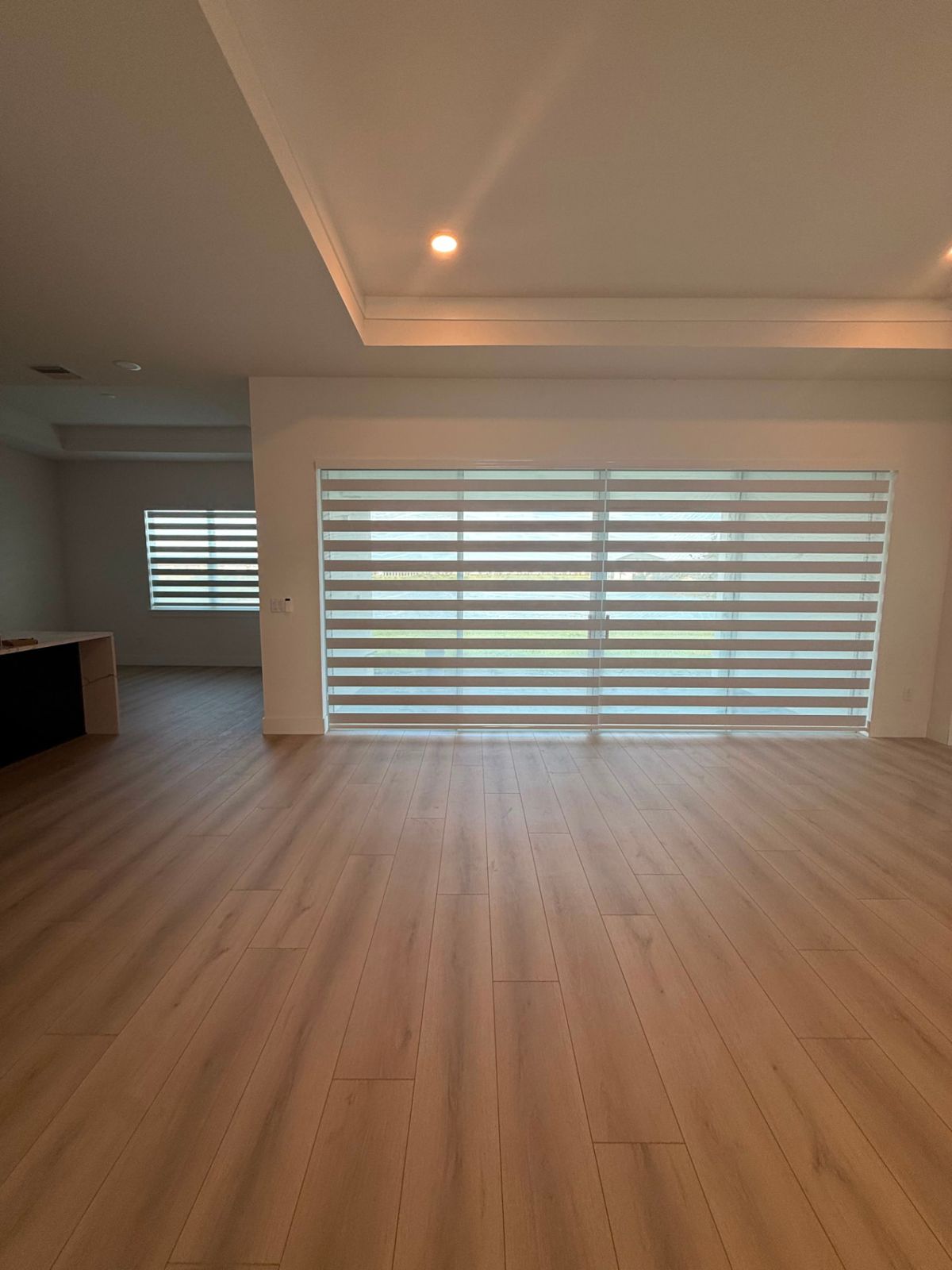 White zebra window shades open across a full wall of sliding doors in a new-construction great room